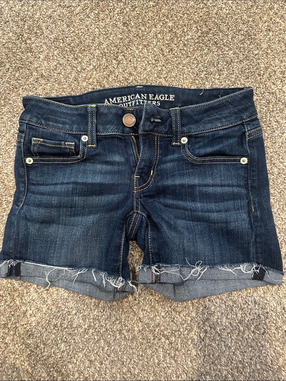 American Eagle Outfitters Dark Blue Distressed Roll-Cuff Denim Shorts